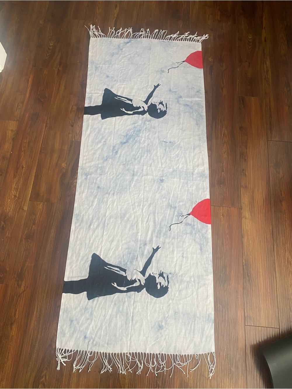 White Fringe Scarf with Red Balloon and Black Silhouette